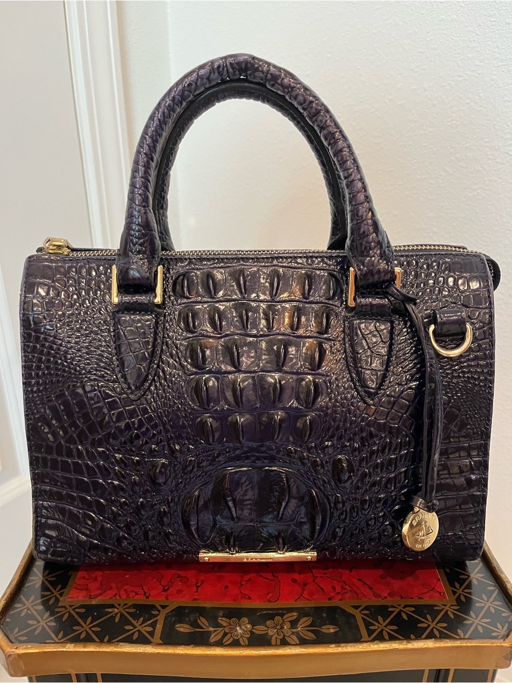 Brahmin Cami Navy Patent Croc Embossed Purse/handbag/satchel w/ adj strap